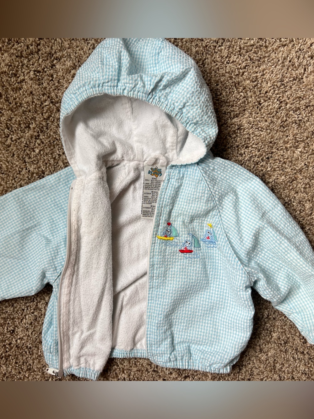 Vintage Cuties By Judy Blue Gingham Hooded Baby Jacket Nautical Sail Boat 18 M